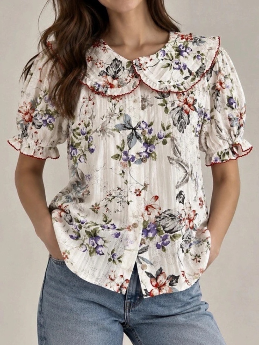 Floral Peter Pan Collar Button Down Blouse White & Purple Small